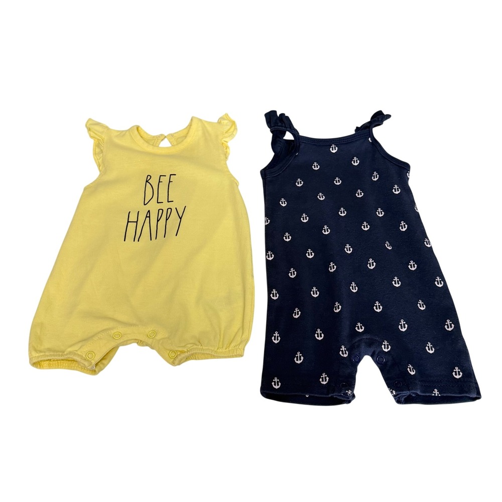 Rae Dunn HB Baby Girls Romper Set‎ 0-3M Yellow Bee Happy Navy Anchor 100% Cotton